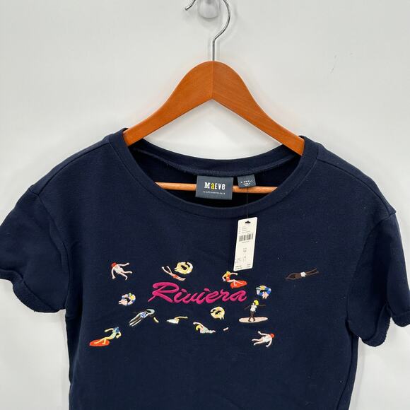 ANTHROPOLOGIE NWT Maeve Embroidered Riviera Short Sleeve Navy Sweatshirt // S - Picture 10 of 15